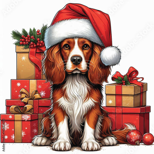 christmas Brittany Spaniel Dog wearing santa claus hat Cartoon Vector Illustration isolated