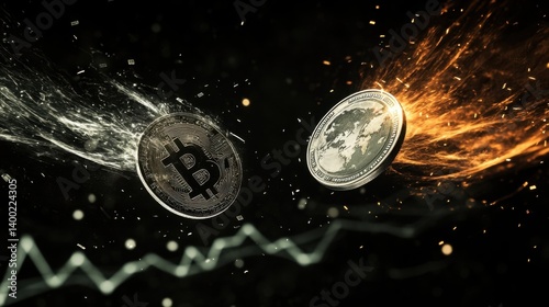 Bitcoin and world coin with fire and smoke trails flying in dark background with market chart line photo