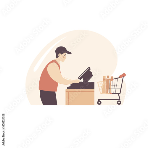 Vector illustration of a cashier working at a checkout counter with a shopping cart full of items
