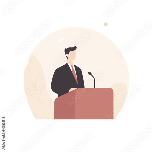 Vector illustration of a speaker presenting at a podium during a conference or public event