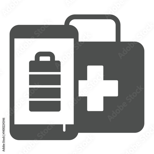 Smartphone and first aid kit solid icon, eco tourism concept. Vector graphics. Charged phone and medical briefcase, kit sign on white background, glyph style icon for mobile or web design.