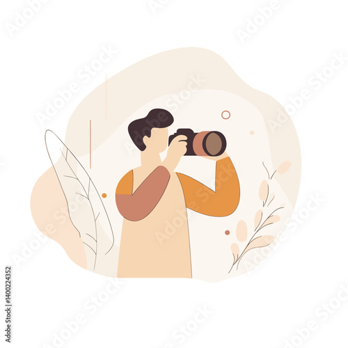 Vector illustration of a photographer taking a photo with a camera in a creative environment