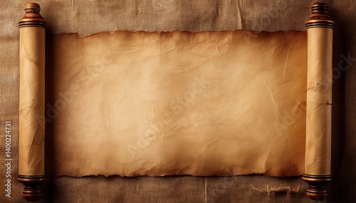 Ancient Scroll: An aged parchment scroll, unfurled and ready, presents an evocative blank canvas for history, knowledge, or secrets. This timeless piece conveys antiquity, history.