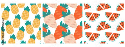 Whole Pineapple Strawberry Watermelon triangular Slices with seed Seamless Pattern Set Summer fond