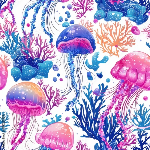 Tropical pattern seamless island vibrant concept. A vibrant underwater scene featuring colorful jellyfish and coral, showcasing a lively marine ecosystem with intricate details.