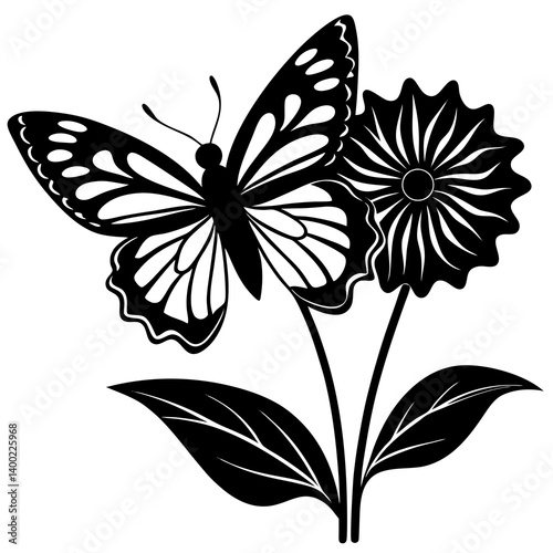 A silhouette of a butterfly perched on a colorful flower, white background 