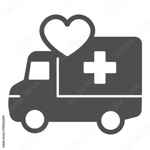 Humanitarian aid truck solid icon, charity concept. Vector graphics. Charity vehicle with cross and heart sign on white background, glyph style icon for mobile or web design.