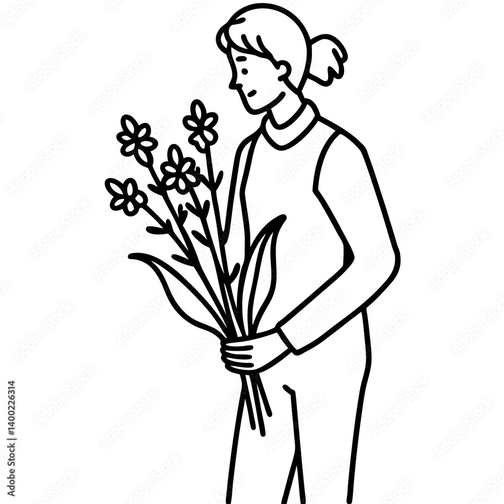Silhouette of a person holding a bouquet of wildflowers, white background Silhouette of a person holding a bouquet of wildflowers, white background