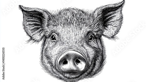 Retro sketch of smiling pig face with big ears and nose on white background, detailed front view