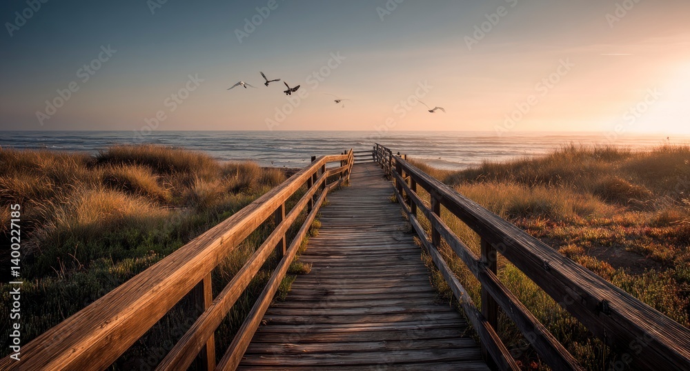 Walking on Beach Boardwalk at Sunset with Birds Flying in Sky Walking on Beach Boardwalk at Sunset with Birds Flying in Sky
