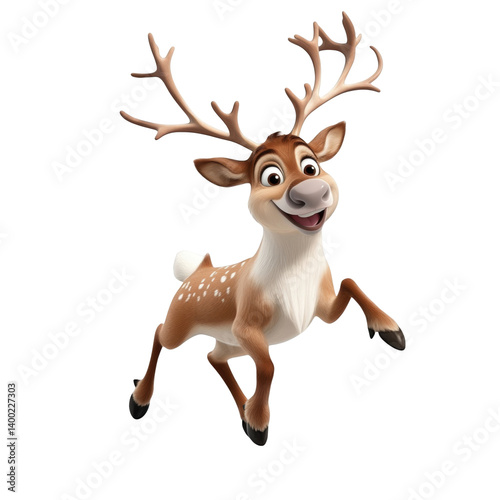 3D illustration of a cute cartoon reindeer prancing with joy isolated on a white background Christmas reindeer holiday spirit festive season winter wildlife animal character design adorable mammal