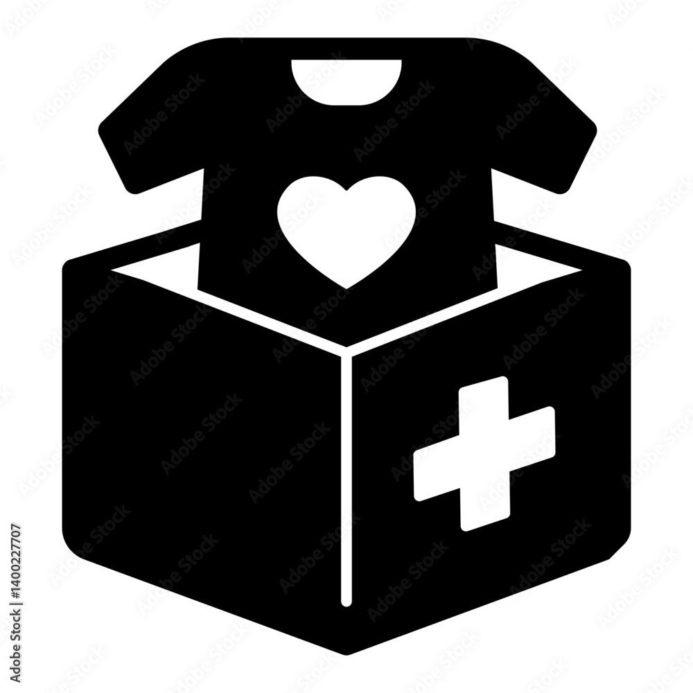 Obraz premium Clothes box, shirt with heart solid icon, charity concept. Vector graphics. Humanitarian aid box, donation sign on white background, glyph style icon mobile or design.