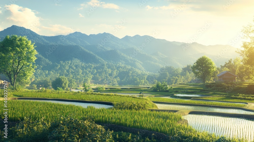 Naklejka premium Serene Asian rice terraces at sunrise
