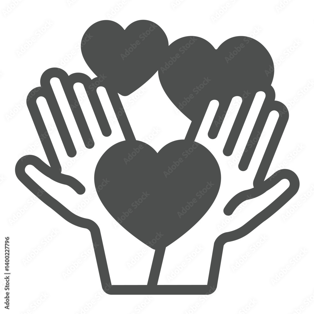 Obraz premium Palm hands and hearts solid icon, charity concept. Vector graphics. Love sharing, donations sign on white background, glyph style icon for mobile or web design.