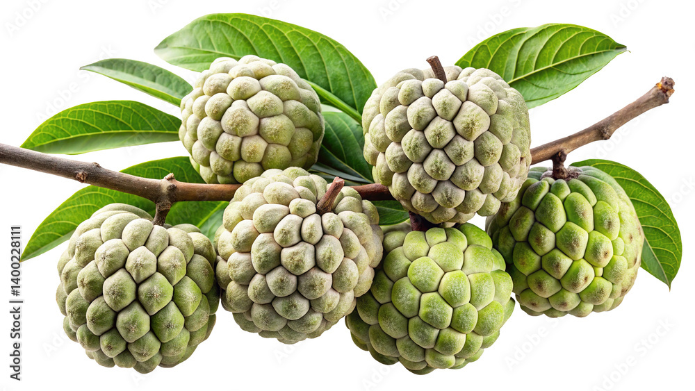 Fototapeta premium Fresh Custard Apple Fruit Branch with Green Leaves isolated on Transparent Background