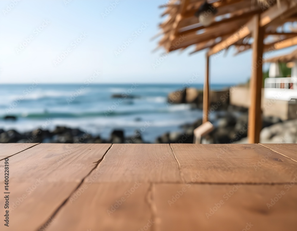 Smooth Textured Wooden Table in Foreground of Soft Blue Coastal Landscape with Gentle Waves