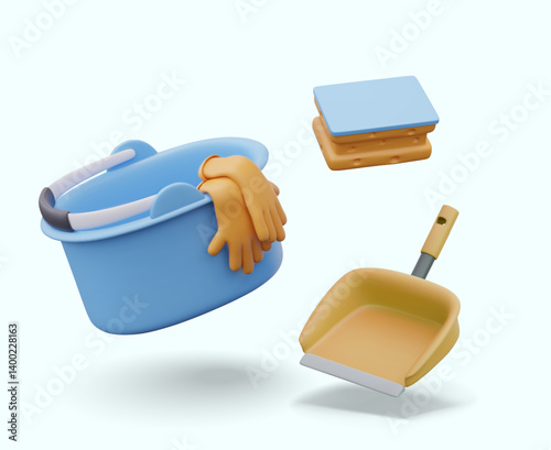 Plastic bucket with gloves, scoop, sponge with different levels of hardness. Equipment for manual cleaning. Devices for dry and wet removal of dirt and dust