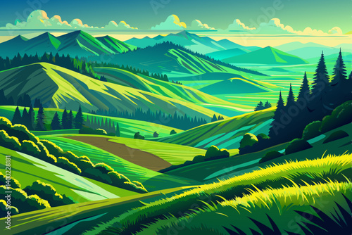 green hillside in midsummer under intense sunlight, The grass is a vivid emerald green, with bold shadows flowing along the contours of the terrain
