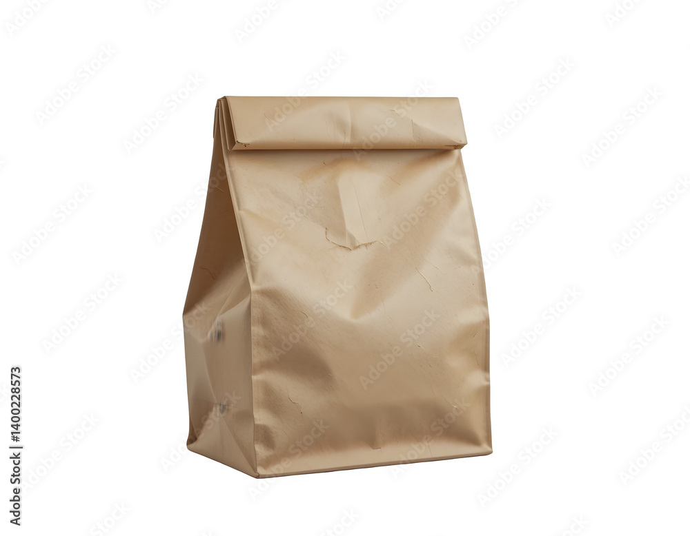 Neatly Folded Brown Paper Lunch Bag Standing Upright on Transparent Background