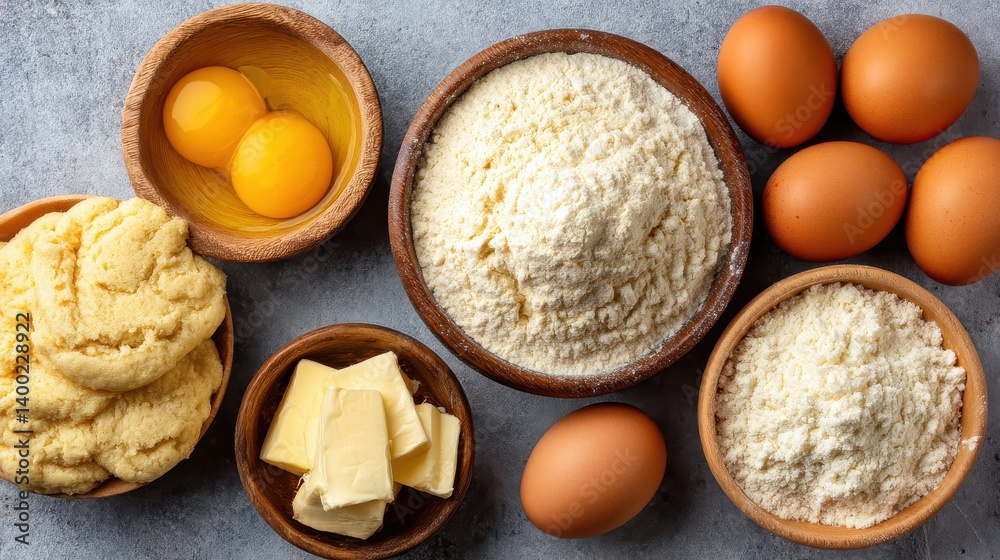 Flatlay of baking essentials including eggs flour sugar and butter in wooden bowls on neutral surface symbolizing rustic preparation in traditional culinary atmosphere Flatlay of baking essentials including eggs flour sugar and butter in wooden bowls on neutral surface symbolizing rustic preparation in traditional culinary atmosphere