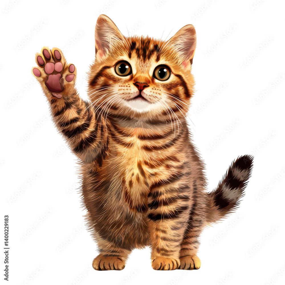 Fototapeta premium A cute, animated kitten with distinctive stripes raises its paw, showcasing its playful and friendly demeanor.