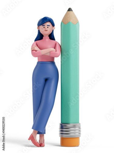 A woman leans on a giant pencil, symbolizing creativity and innovation. 3D rendering, conceptual image. Isolated on white background.