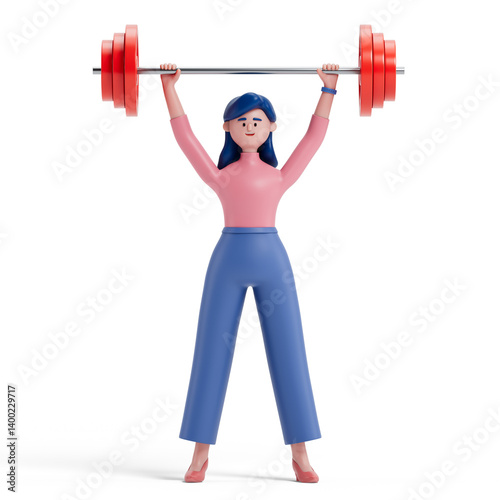 A woman lifts a heavy barbell, symbolizing strength and determination. 3D rendering, conceptual image. Isolated on white background.