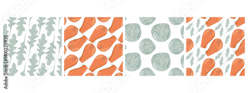 Salmon steak Arugula leaves Brussels sprouts Seamless Pattern Healthy Food cards Background idea Set