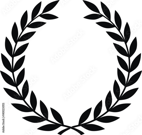 Isolated elegant black laurel wreath silhouette, circular frame with symmetrical olive branches. Classic symbol of victory and achievement in sports and academy with timeless minimalist design.
