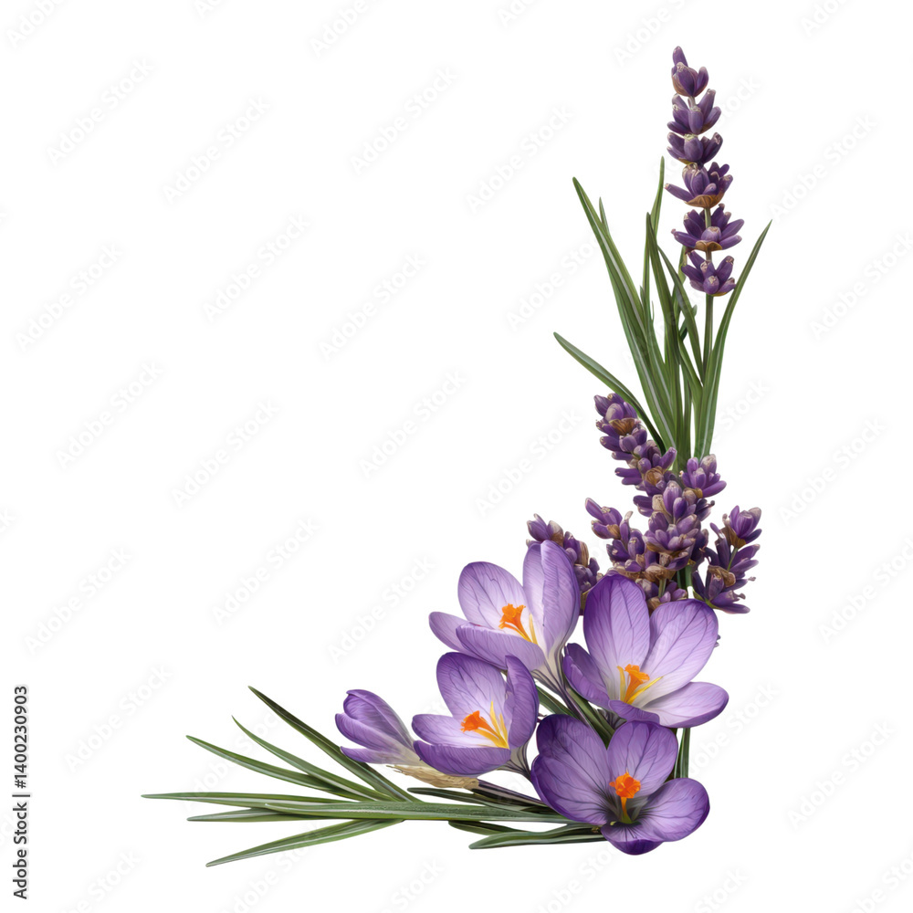 Fototapeta premium A vibrant arrangement of lavender and crocus flowers, showcasing their delicate petals and green leaves.