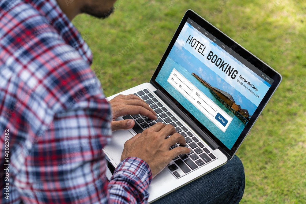 Online hotel accommodation booking website provide modish reservation system . Travel technology concept .