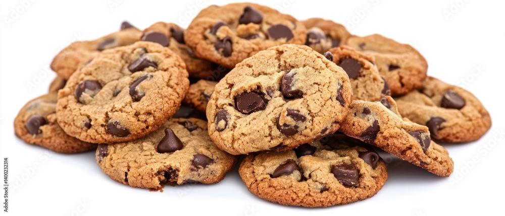 Delicious Chocolate Chip Cookies Stacked on a White Background Close Up Shot Perfect for Baking and Sweet Treat Concepts Delicious Chocolate Chip Cookies Stacked on a White Background Close Up Shot Perfect for Baking and Sweet Treat Concepts