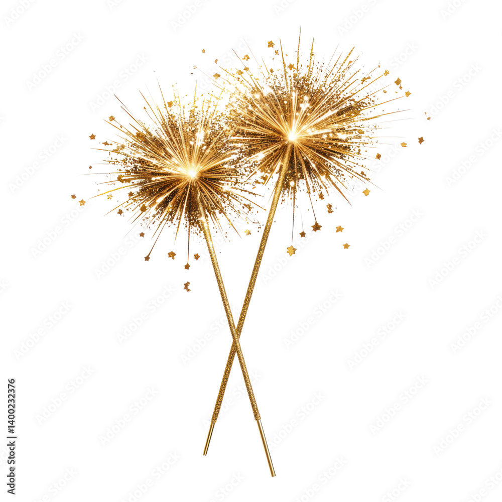 Two sparkling golden sparklers radiate vibrant light and energy, creating a festive atmosphere. Two sparkling golden sparklers radiate vibrant light and energy, creating a festive atmosphere.