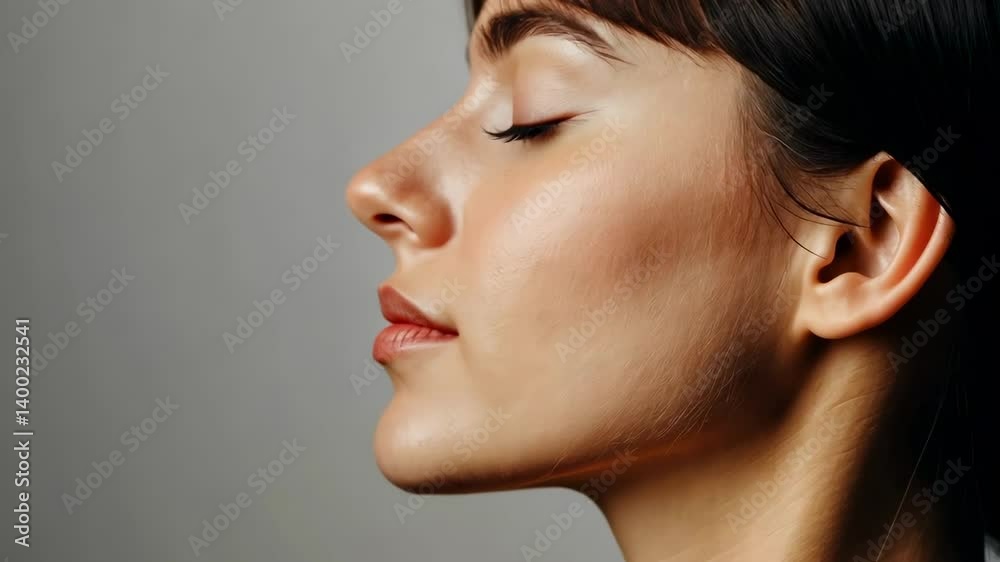 Profile of a beautiful woman breathing with closed eyes, showcasing a perfect nose after rhinoplasty surgery, highlighting the concept of beauty and cosmetology