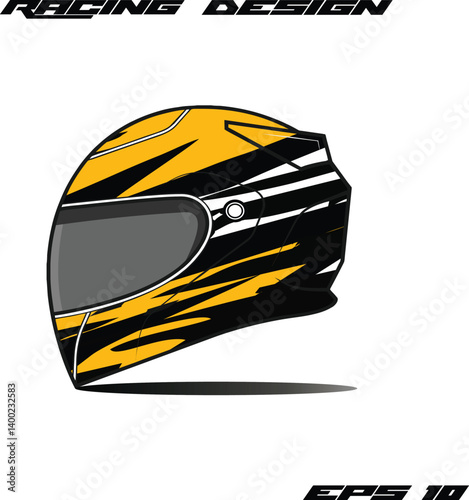 Racing helmet design featuring bold yellow and black stripes with a sleek profile, ideal for motorsport enthusiasts
