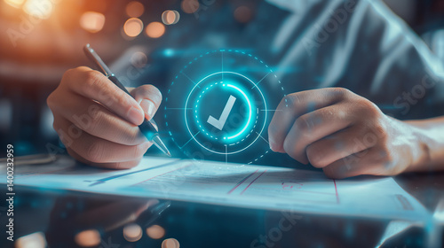 Businessman using electronic pen sign tick mark on virtual document for online approve paperless quality assurance