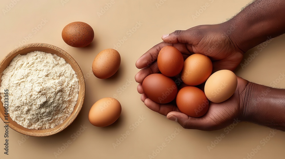 Raw eggs and flour flatlay on soft brown surface with dramatic light source for homemade cooking preparation concept stock food backdrop