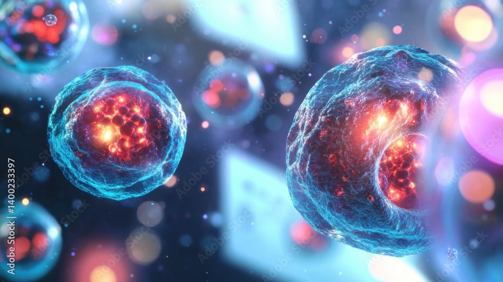 a realistic microscopic view of cells in anaphase, with glowing separated chromatids