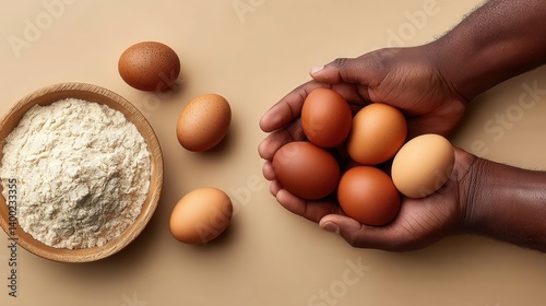 Obraz na płótnie Raw eggs and flour flatlay on soft brown surface with dramatic light source for homemade cooking preparation concept stock food backdrop w salonie