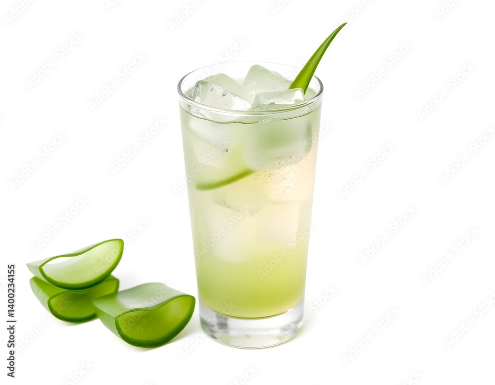 Cold Aloe Vera Juice with Ice Cubes Served in a Clear Glass on White Background Cold Aloe Vera Juice with Ice Cubes Served in a Clear Glass on White Background