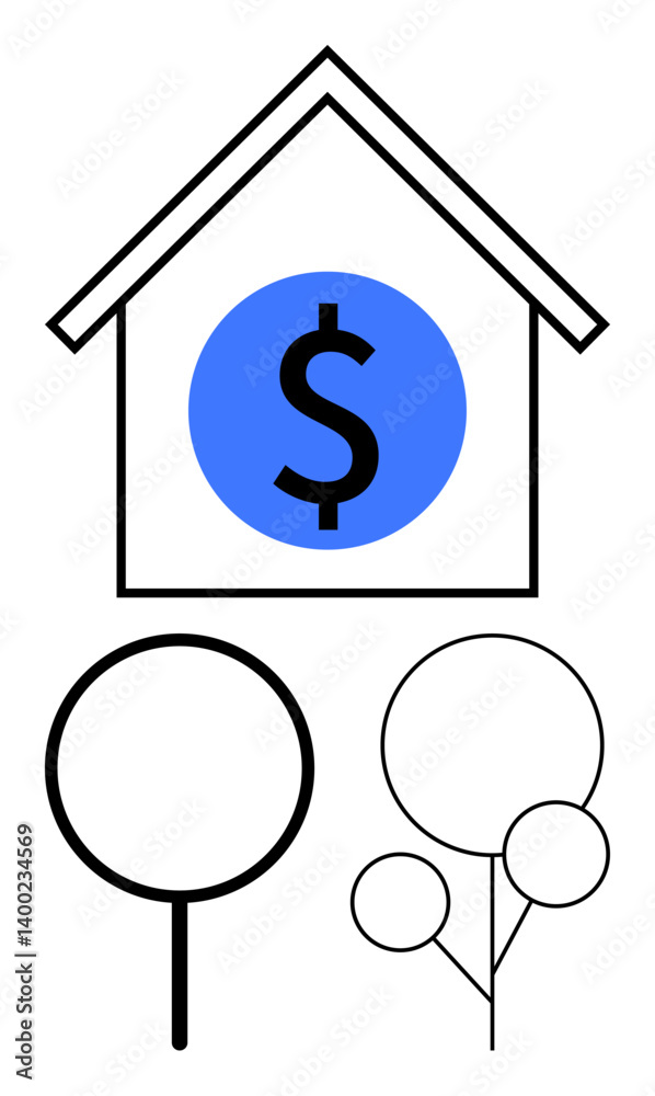 House outline with dollar sign inside, surrounded by simple tree shapes. Ideal for real estate, investment, mortgage, property value, housing market trends, eco-finance and minimal design. Flat House outline with dollar sign inside, surrounded by simple tree shapes. Ideal for real estate, investment, mortgage, property value, housing market trends, eco-finance and minimal design. Flat