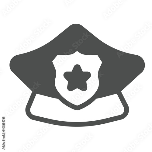 Police cap with badge solid icon, law enforcement concept. Vector graphics. Hat with police star emblem, headwear sign on white background, glyph style icon for mobile or web design.