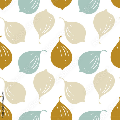 Fig. Pattern with stylized figs in pastel colors on white background. Vector illustration