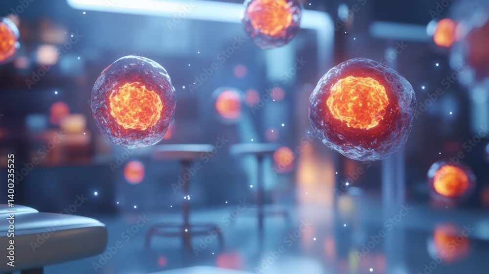 a realistic microscopic view of cells in prophase, with glowing nuclear pores and lamins, blurred lab