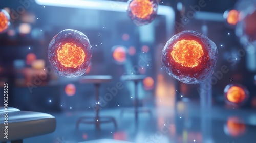 Obraz na płótnie a realistic microscopic view of cells in prophase, with glowing nuclear pores and lamins, blurred lab w salonie