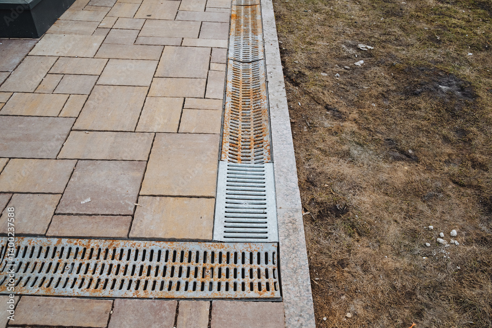 Obraz premium On the sidewalk that runs alongside a vibrant, lush grassy area, there is a drain that serves an essential purpose for effectively managing water runoff in this beautiful outdoor space