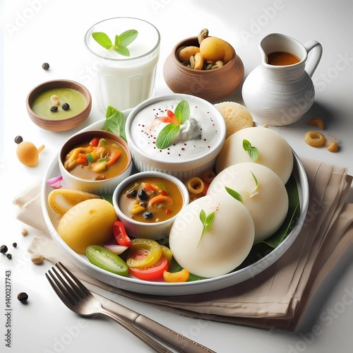 delicious and tastey South Indian idli sambhar with curd on a plain white background