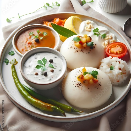 delicious and tastey Indian restaurant style South Indian idli sambhar with curd on a plain white background