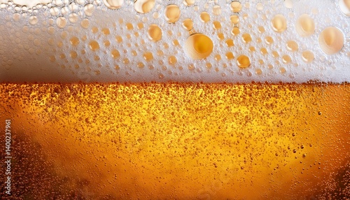 Frothy Brew Delight: A macro shot captures the effervescent beauty of a freshly poured beer, showcasing the intricate textures of the creamy foam and golden amber liquid.