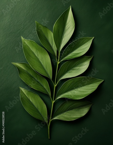 Verdant Leaf Arrangement: An artful top-down capture of a meticulously arranged cluster of vibrant green leaves against a textured backdrop, showcasing nature's innate elegance and botanical form.